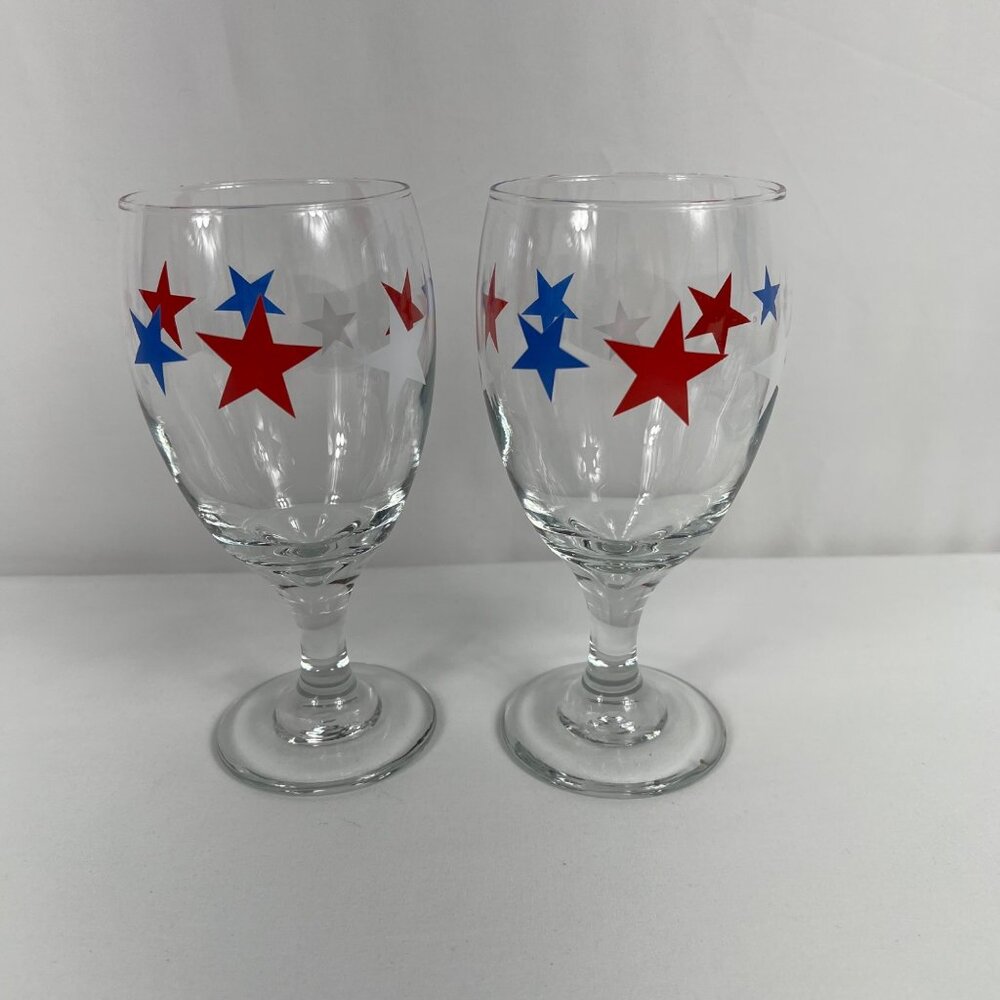 Hartstone American Star Pedestal Wine Glasses Water Lot of 2 Red White Blue